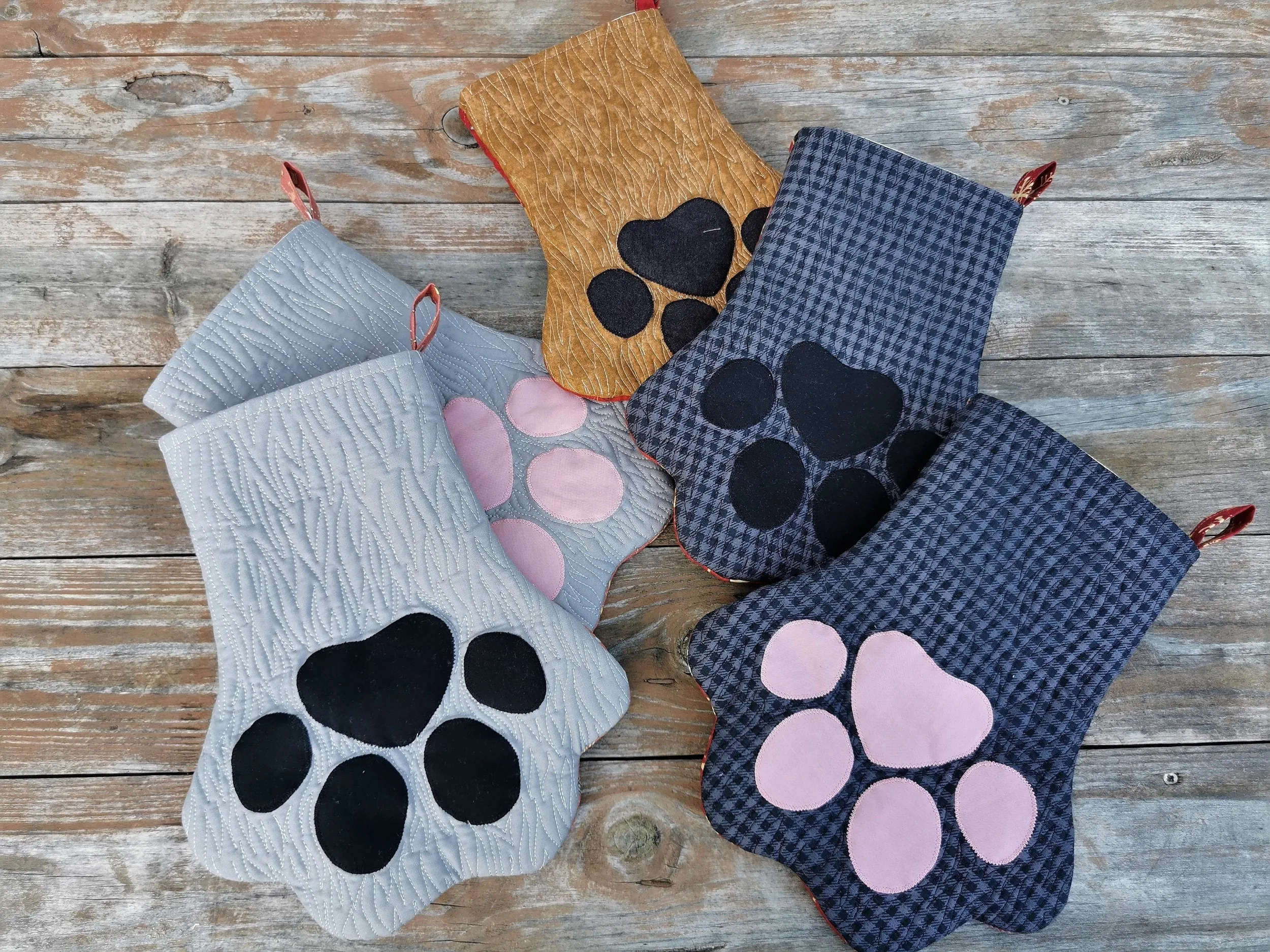 Cat or Dog Christmas Stocking, Quilted Pet Paw Gift Bag