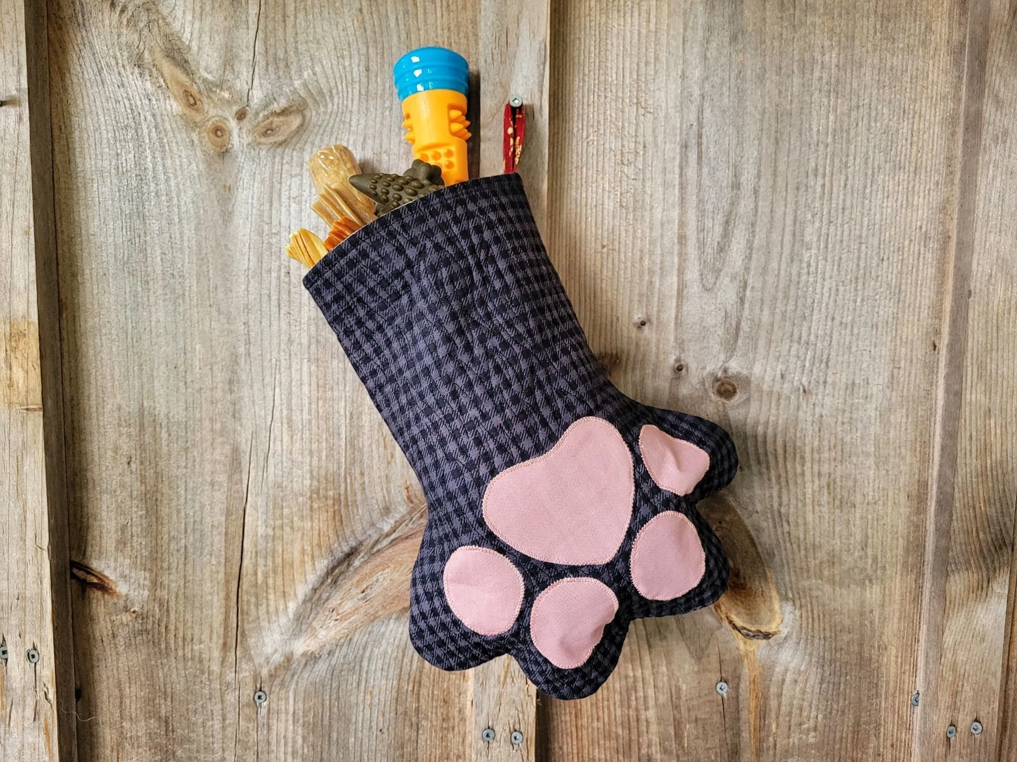 Cat or Dog Christmas Stocking, Quilted Pet Paw Gift Bag