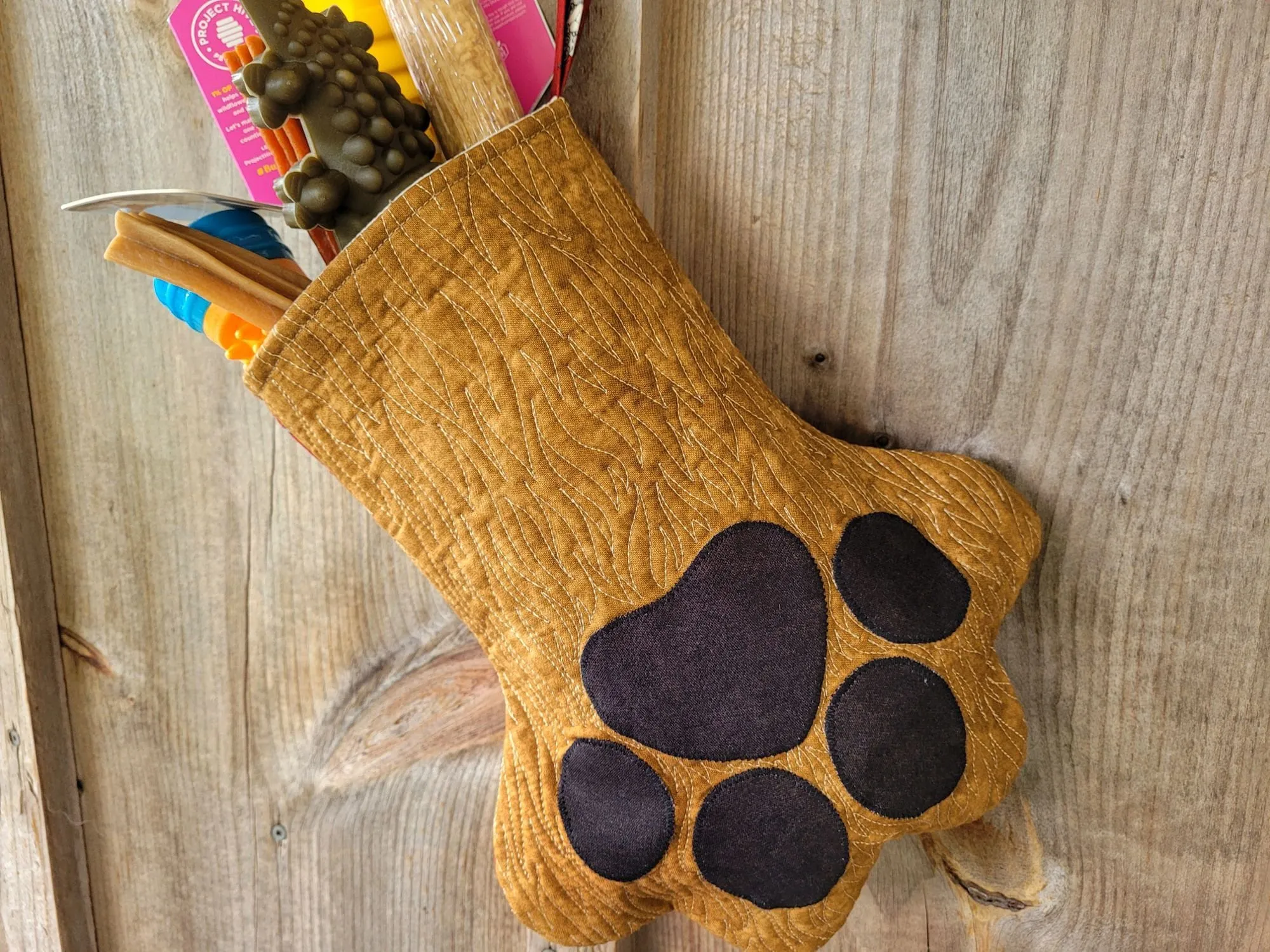 Cat or Dog Christmas Stocking, Quilted Pet Paw Gift Bag