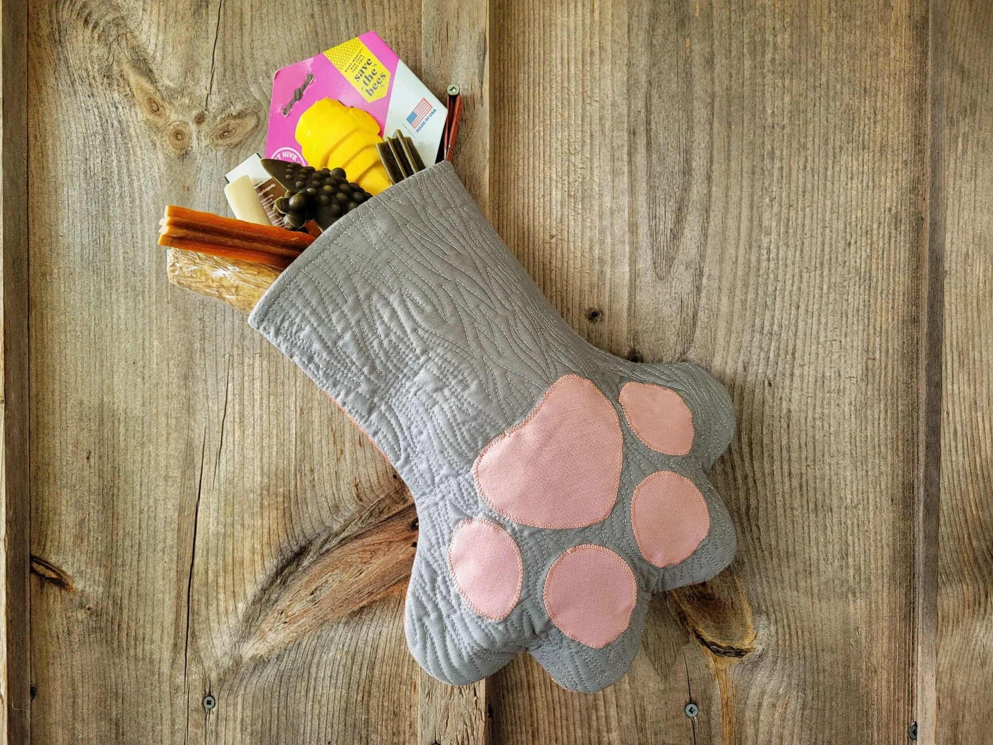 Cat or Dog Christmas Stocking, Quilted Pet Paw Gift Bag