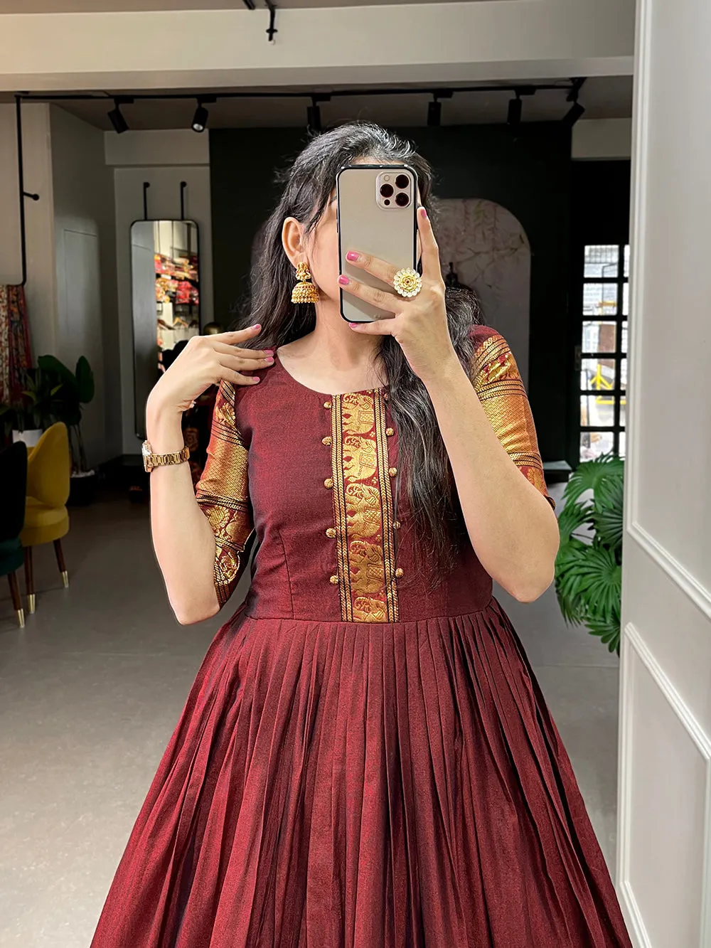 Maroon Color Zari Weaving Work Narayan Pet (Cotton) Dress