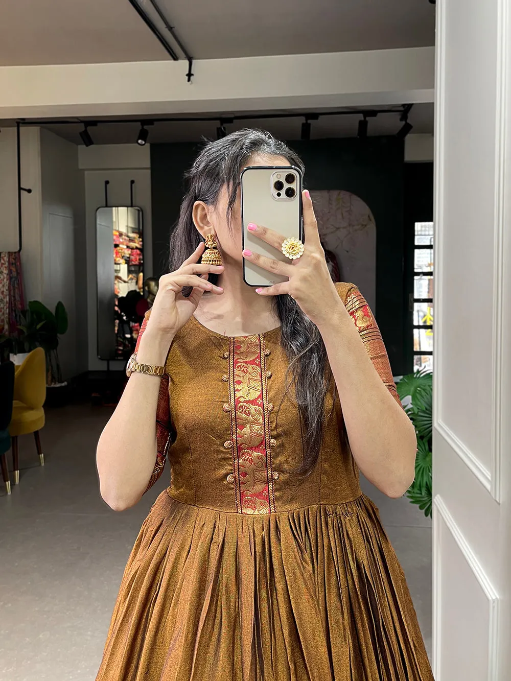 Mustard Color Zari Weaving Work Narayan Pet (Cotton) Dress