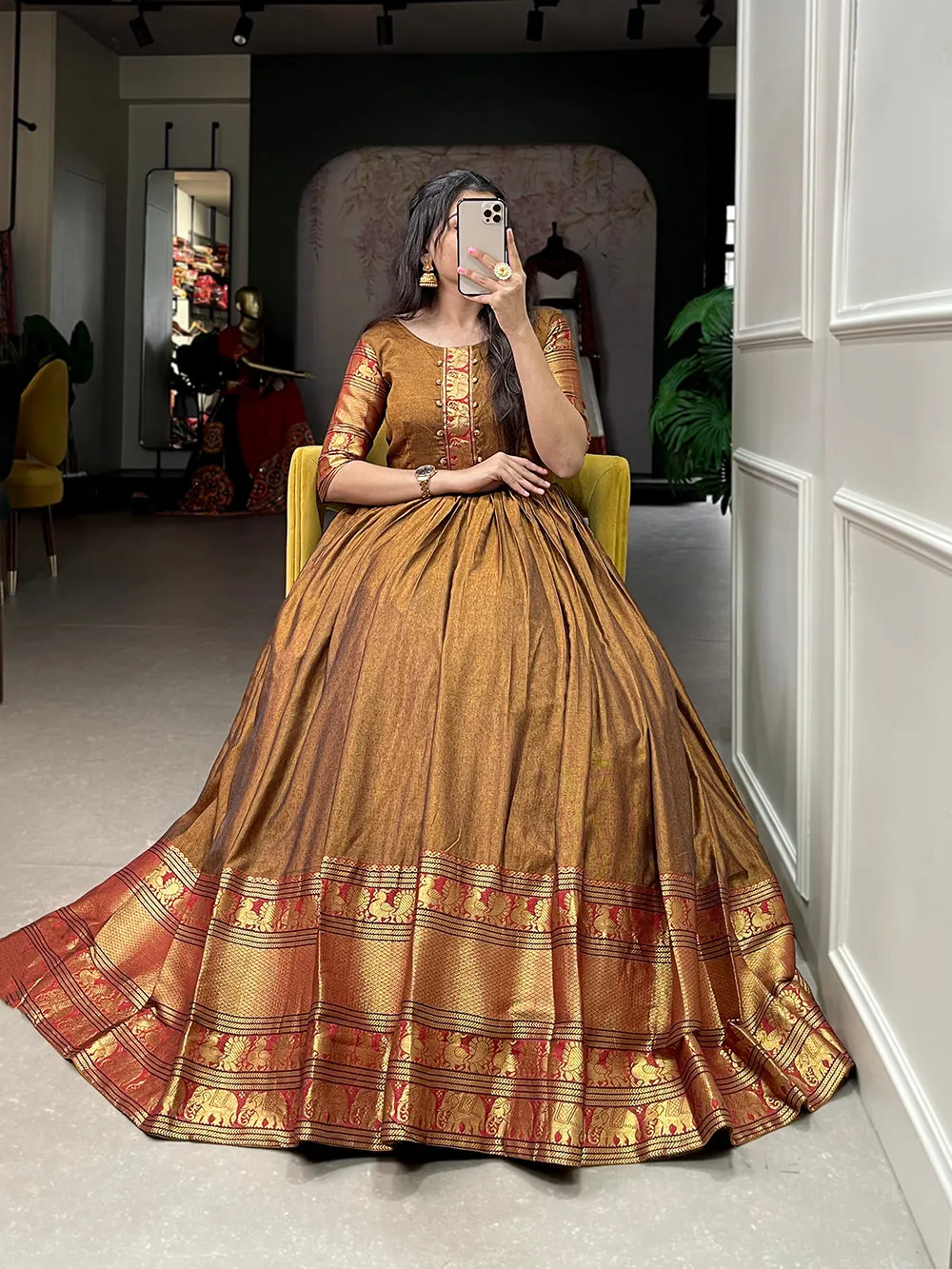 Mustard Color Zari Weaving Work Narayan Pet (Cotton) Dress