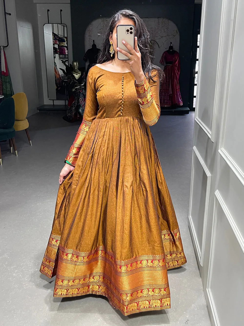 Mustard Color Zari Weaving Work Narayan Pet Cotton Gown