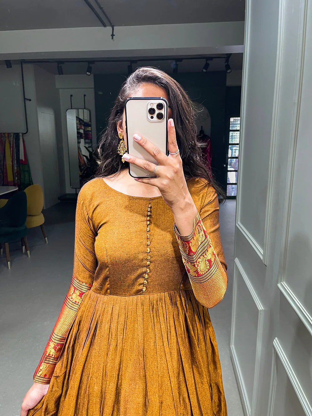 Mustard Color Zari Weaving Work Narayan Pet Cotton Gown