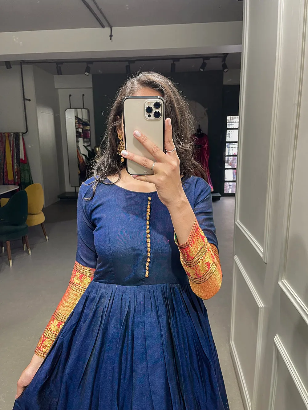 Navy Blue Color Zari Weaving Work Narayan Pet Cotton Gown