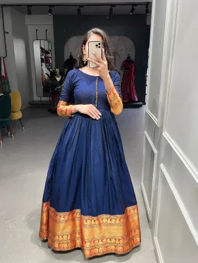 Navy Blue Color Zari Weaving Work Narayan Pet Cotton Gown