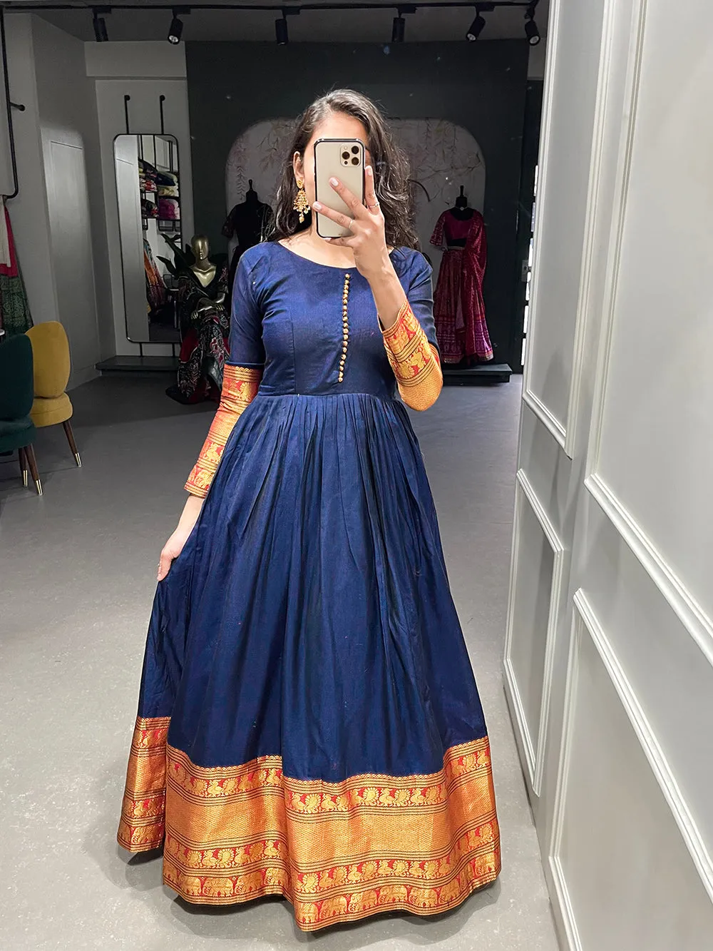 Navy Blue Color Zari Weaving Work Narayan Pet Cotton Gown