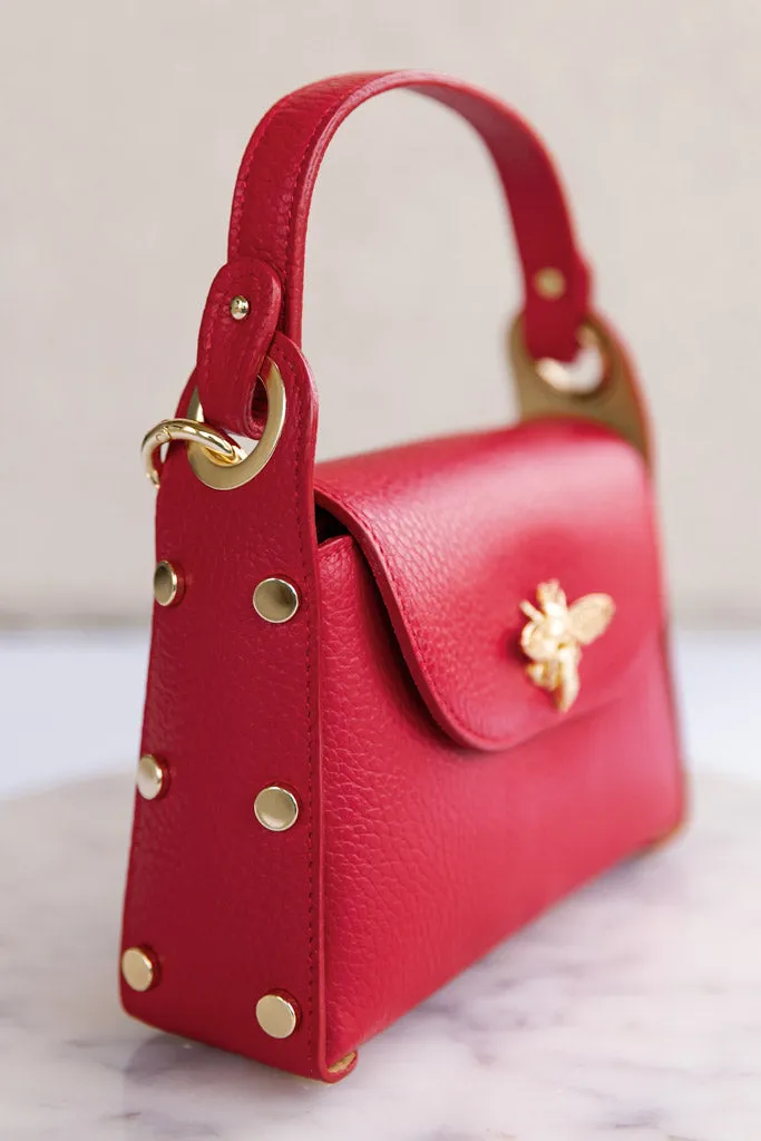 .Nina Pebbled Leather Hand Bag, Red