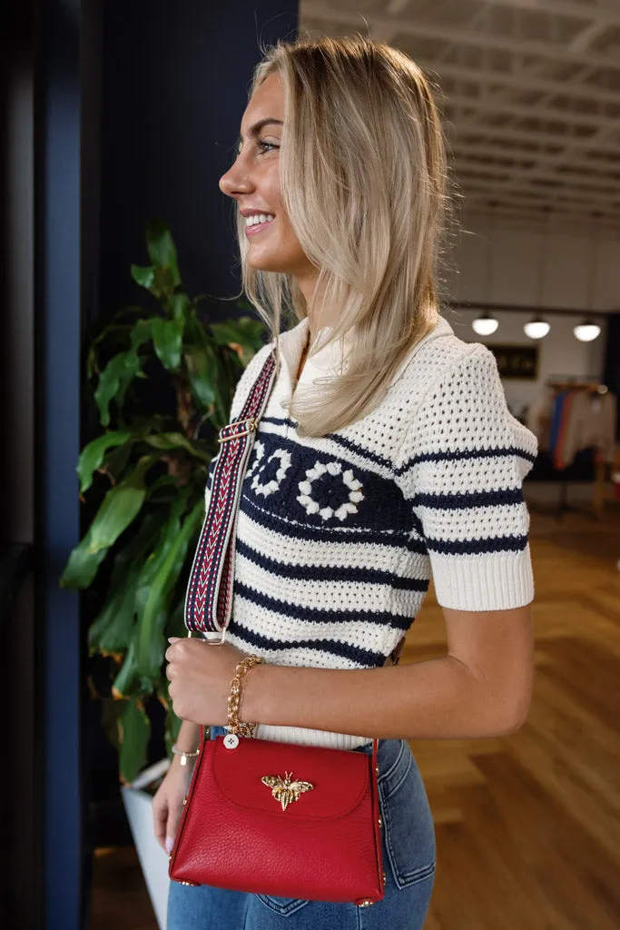.Nina Pebbled Leather Hand Bag, Red