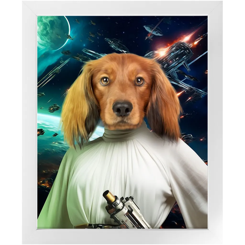 PRINCESS LAYABOUT IN SPACE - Princess Leia & Star Wars Inspired Custom Pet Portrait Framed Satin Paper Print