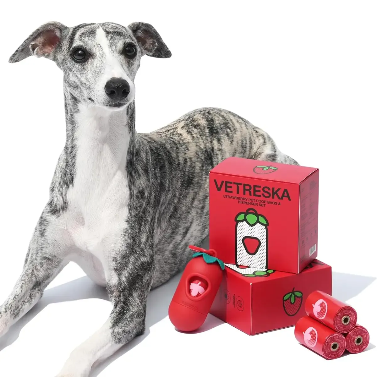 Vetreska - Strawberry Pet Poop Bags & Dispenser Set (1 Dispenser   7 Rolls)