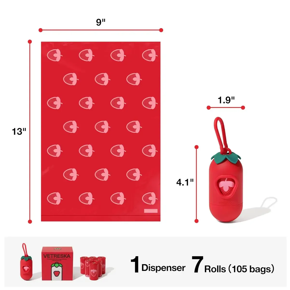 Vetreska - Strawberry Pet Poop Bags & Dispenser Set (1 Dispenser   7 Rolls)