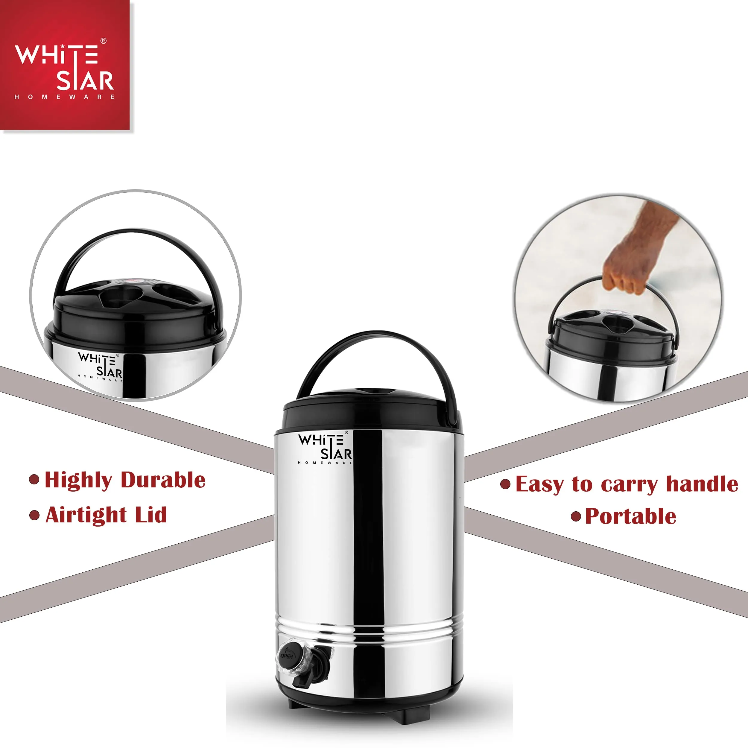 WHITESTAR Double Walled Stainless Steel Hot Tea/Water Thermos for Office Home Kitchen, 10 Liter-Silver, PUF Insulated Hot and Cold Water Dispenser with Leak Proof Tap I Durable & Sturdy Base