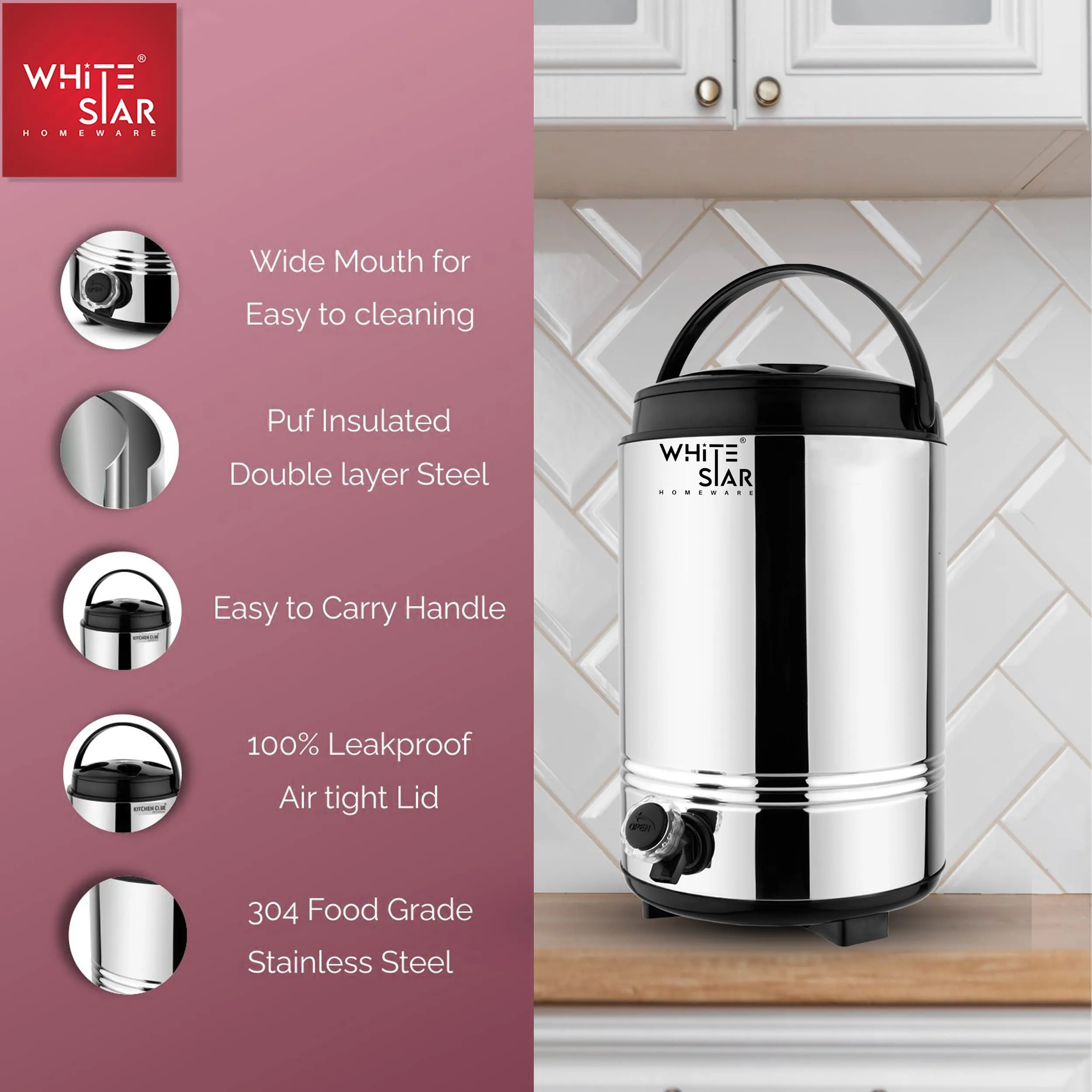 WHITESTAR Double Walled Stainless Steel Hot Tea/Water Thermos for Office Home Kitchen, 10 Liter-Silver, PUF Insulated Hot and Cold Water Dispenser with Leak Proof Tap I Durable & Sturdy Base