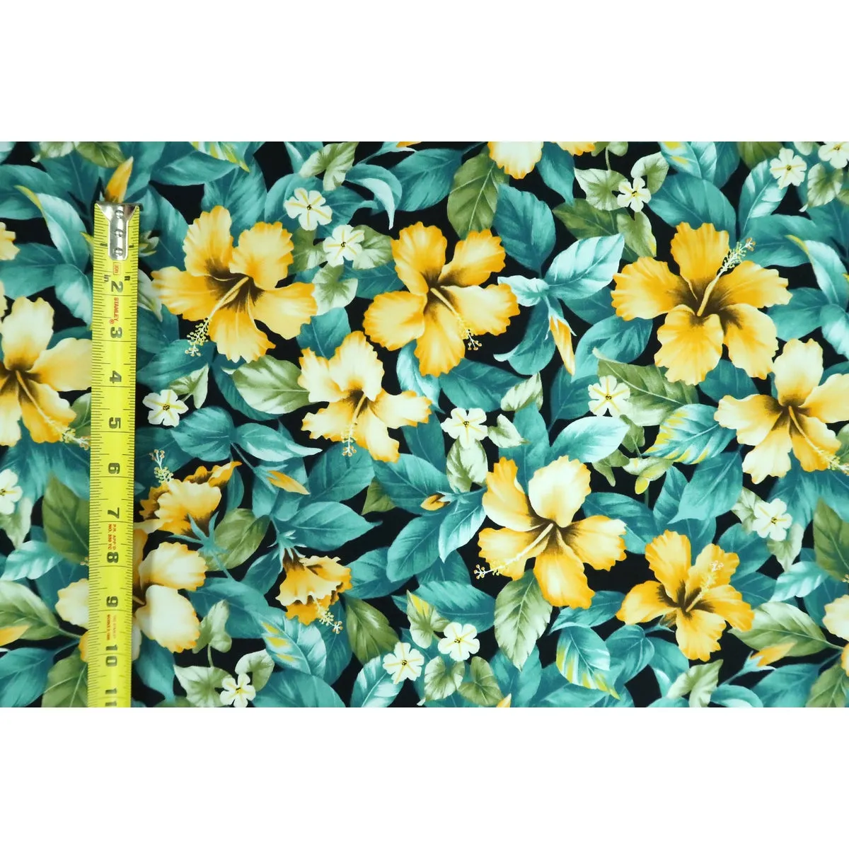 Yellow Hibiscus Garden Fabric | Teal