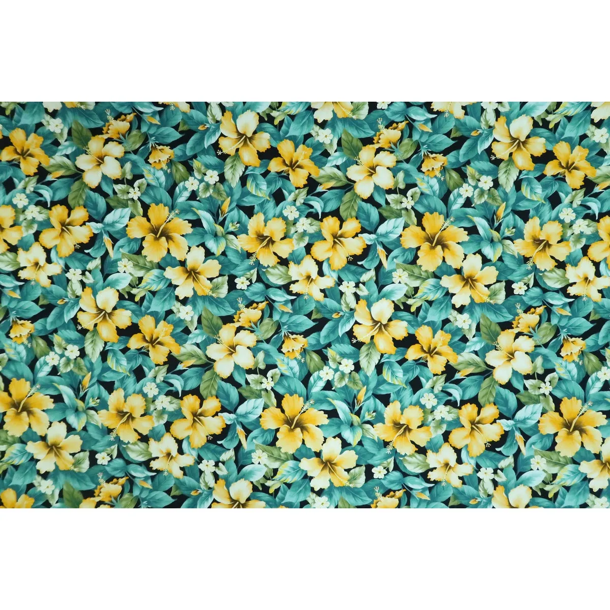 Yellow Hibiscus Garden Fabric | Teal