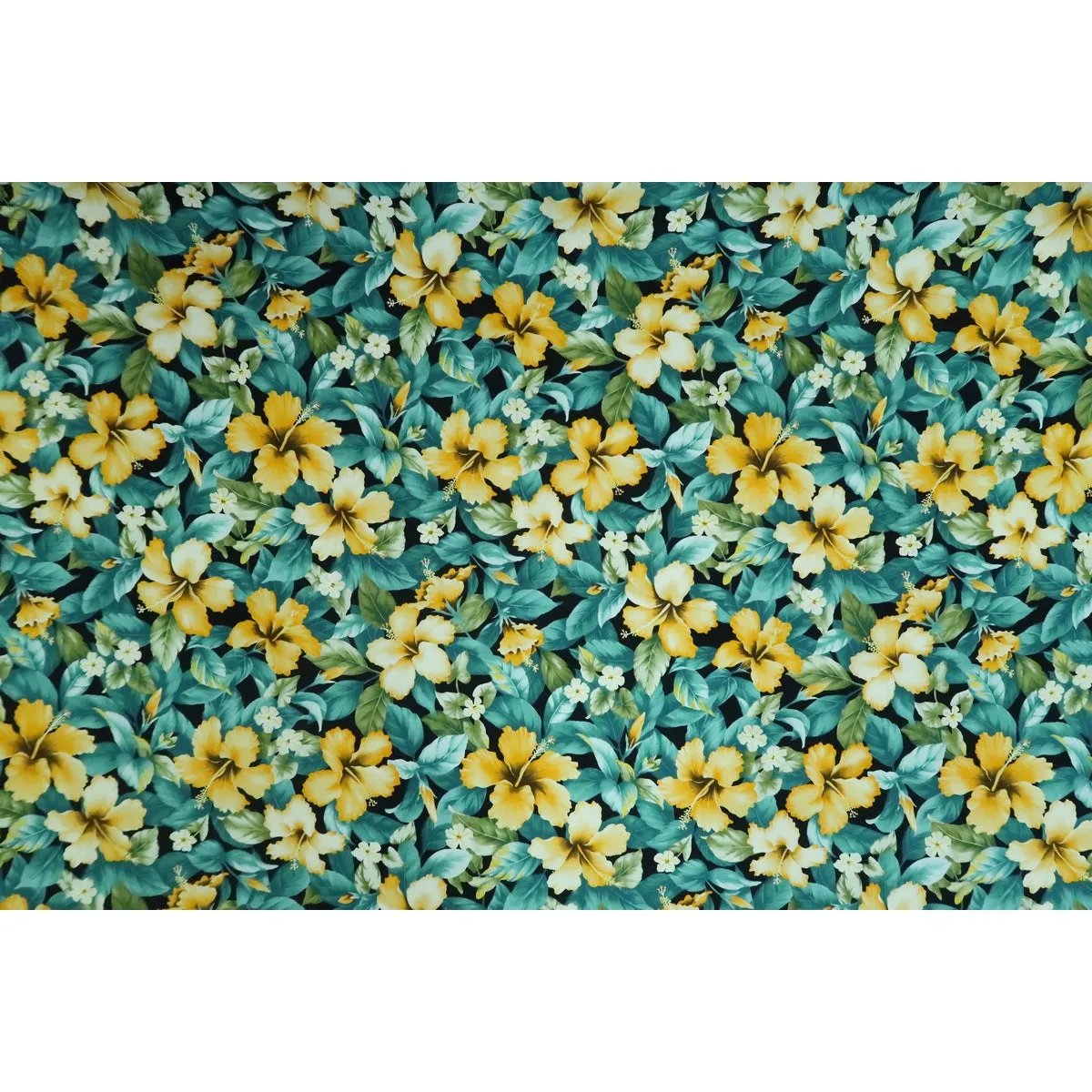 Yellow Hibiscus Garden Fabric | Teal